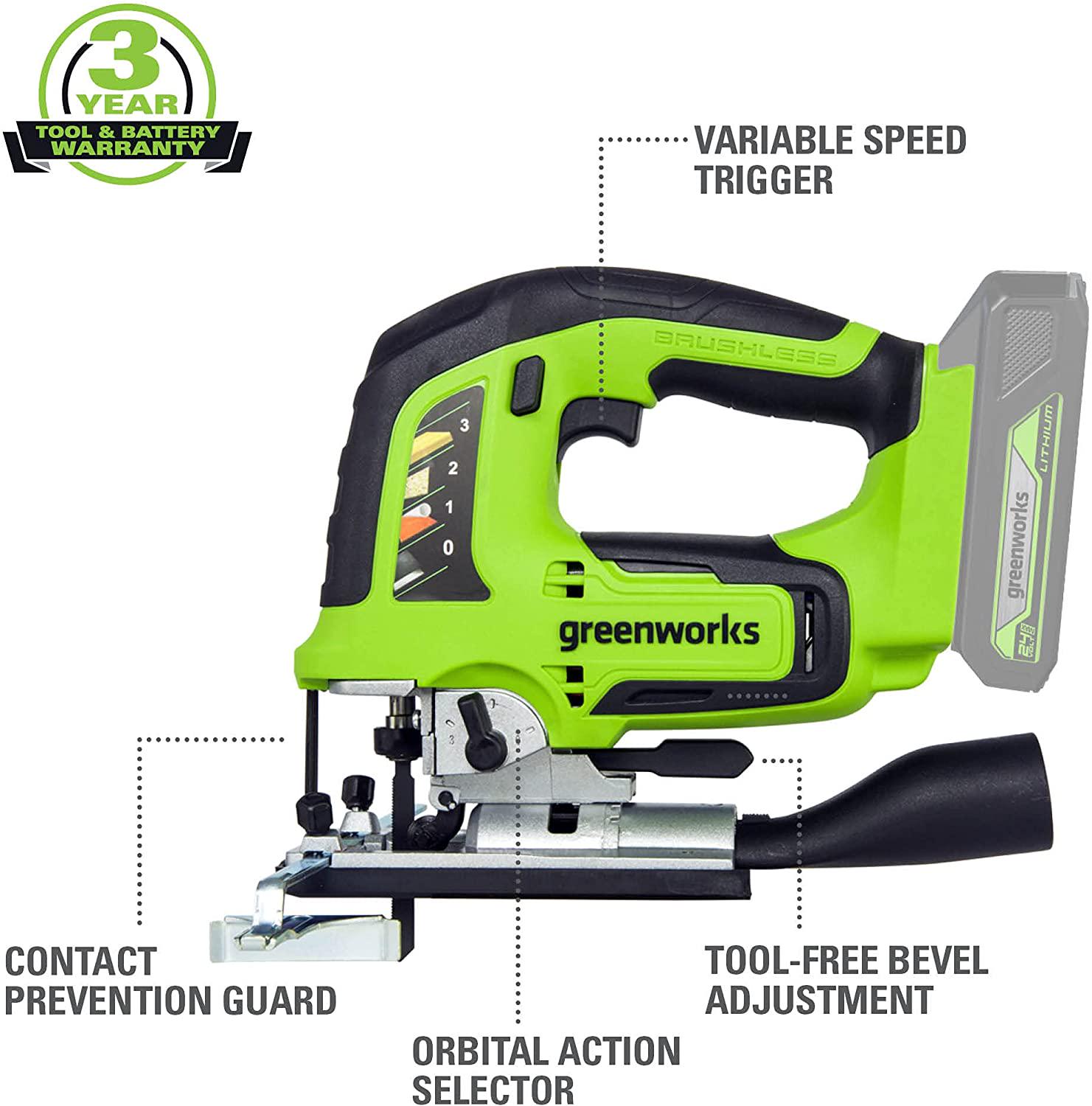 Greenworks 24V Brushless Jig Saw， Battery Not Included 3601202AZ