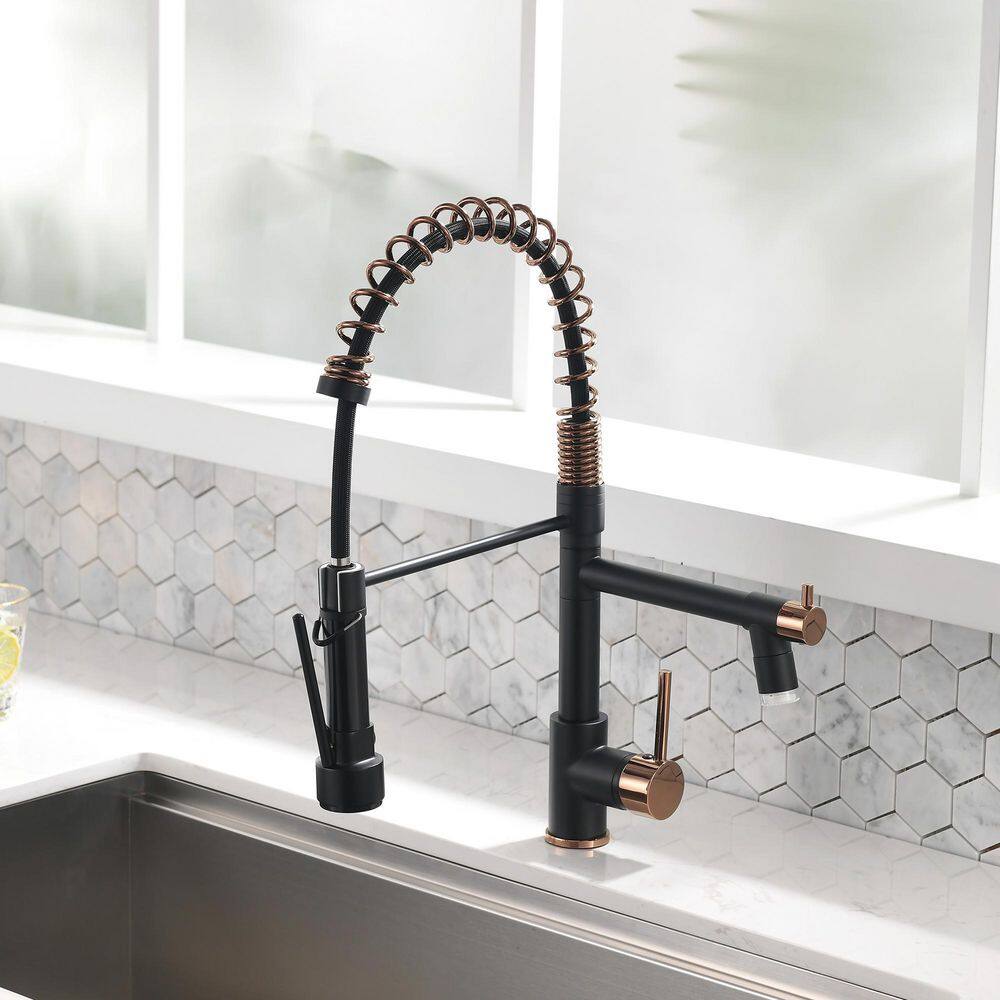 Boyel Living 1.8 GPM Single Handle Pull Down Sprayer Kitchen Faucet with LED Light and Pot Filler in Matte Black Mix Rose Gold BL-2BR91-LED