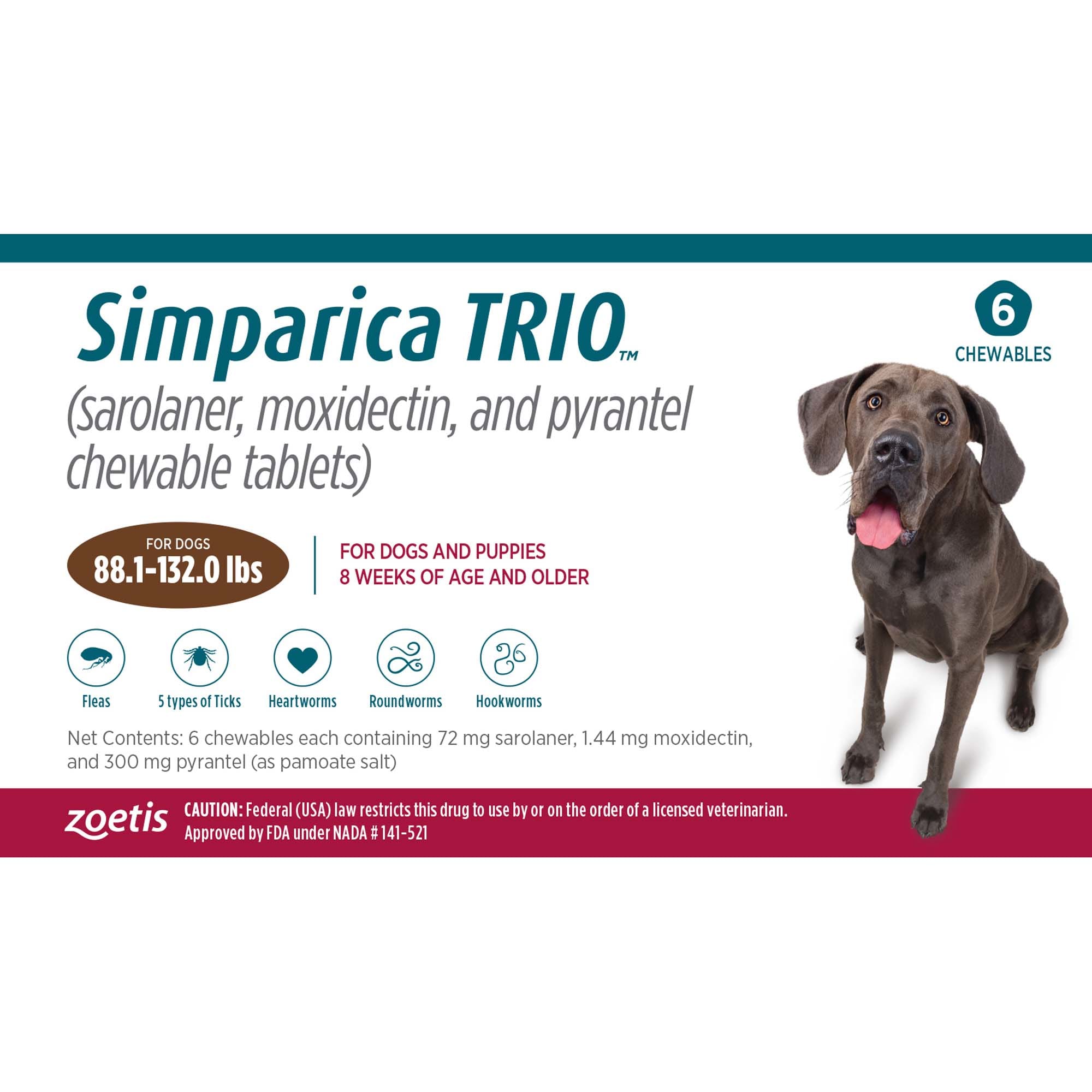 Simparica Trio 88.1-132 lbs. Dogs， 6 Month Supply