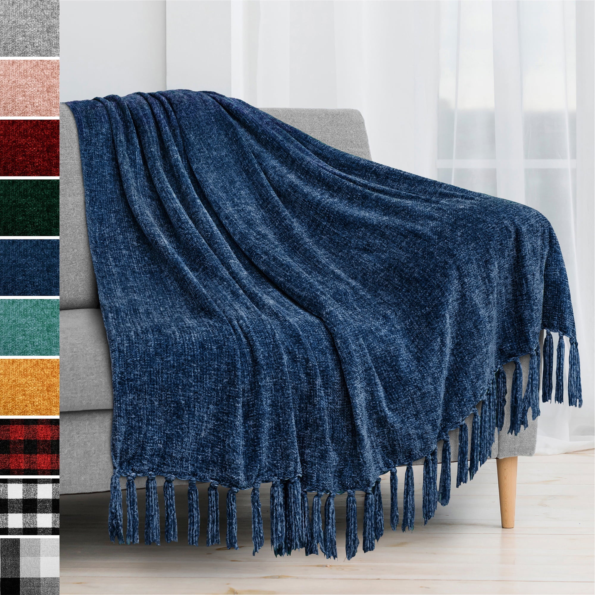 PAVILIA Chenille Tassel Fringe Throw Blanket | Velvety Textured Decorative Knit Throw for Sofa Couch Bed | Soft Boho Woven Cozy Lightweight Knitted Throw | Blue 50 x 60 Inches