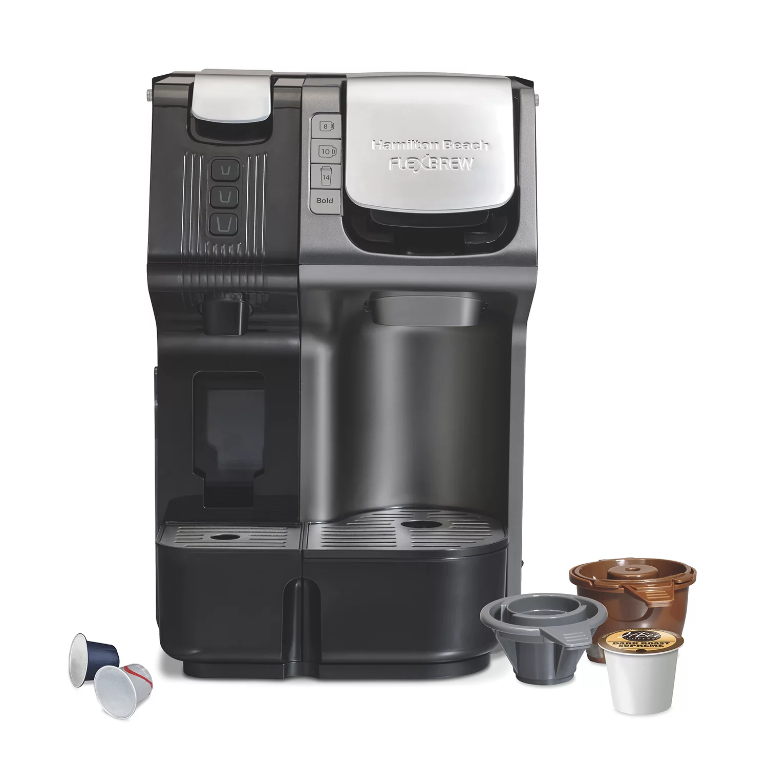 Hamilton Beach FlexBrew Trio 2-Way Coffee Maker， Compatible with K-Cup Pods or Grounds， Combo， Single Serve and Espresso Machine with 19 Bar Pump， 56 oz. Removable Reservoir， Black