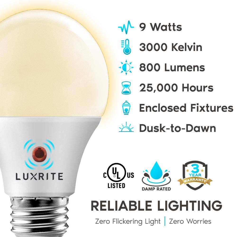 LUXRITE 60-Watt Equivalent A19 E26 Base Dusk to Down Sensor LED Light Bulb 3000K Soft White 6-Pack LR21471-6PK