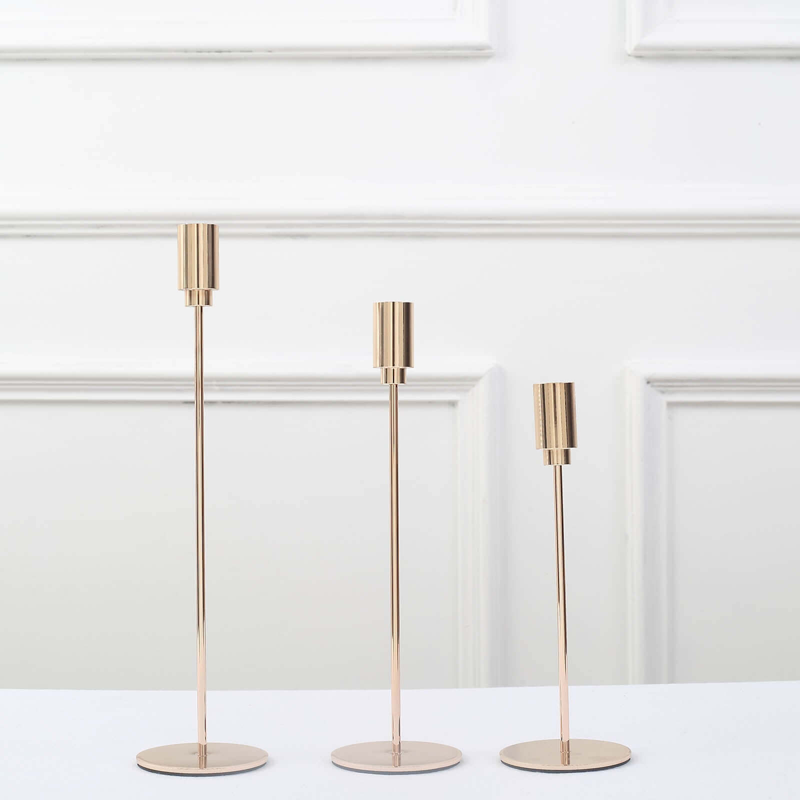 Set of 3 Gold Metal Taper Candle Stands With Round Solid Base, Decorative Candlestick Holder Set 9