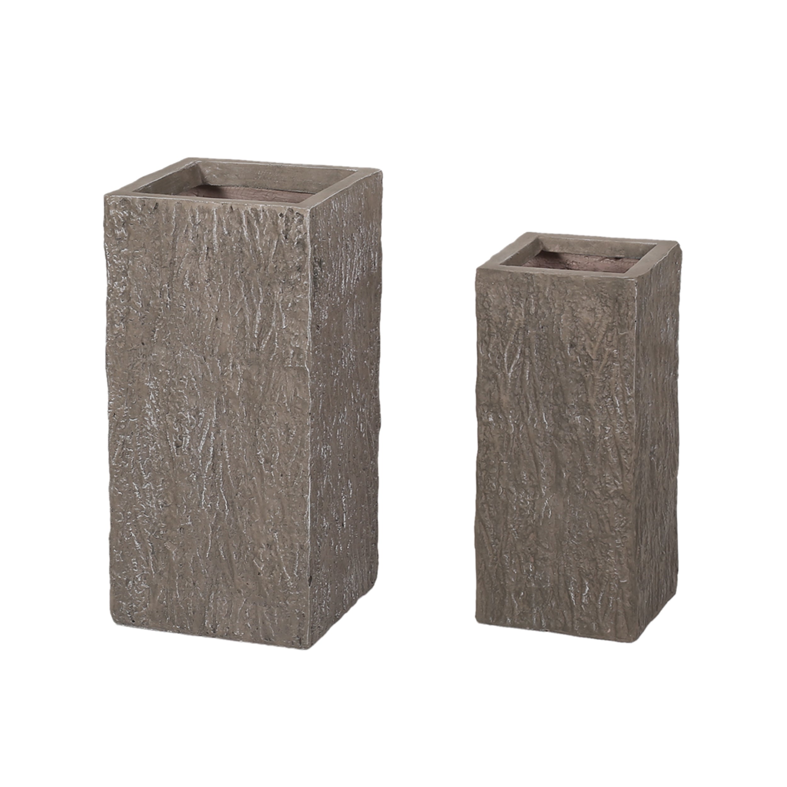 Berkamn Outdoor Medium and Small Cast Stone Planters, Set of 2, Brown Wood