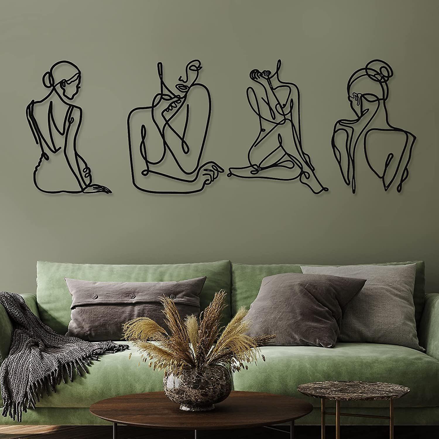 4 Pieces Metal Wall Art Decor Black Metal Wall Art Single Line Art Drawing Minimalist Abstract Female Woman Modern Wall Sculptures Hanging Decor Accen