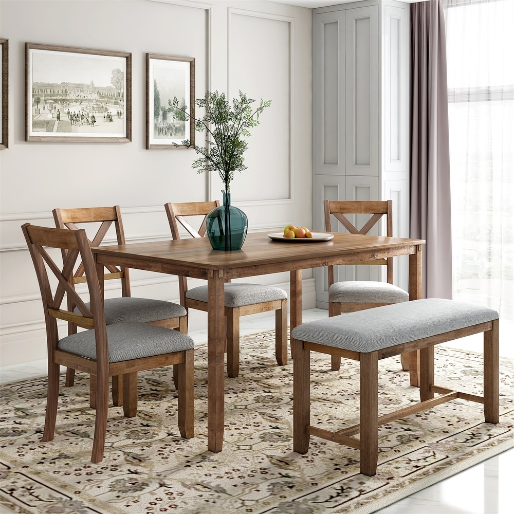 Merax Wooden 6 Piece Kitchen Dining Set with Bench and 4 Dining Chairs