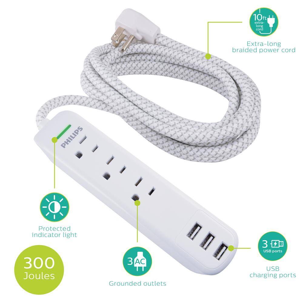 Philips 10 ft. 163 3-Outlet 300J Surge Protector Power Strip with USB White SPC6334WE37