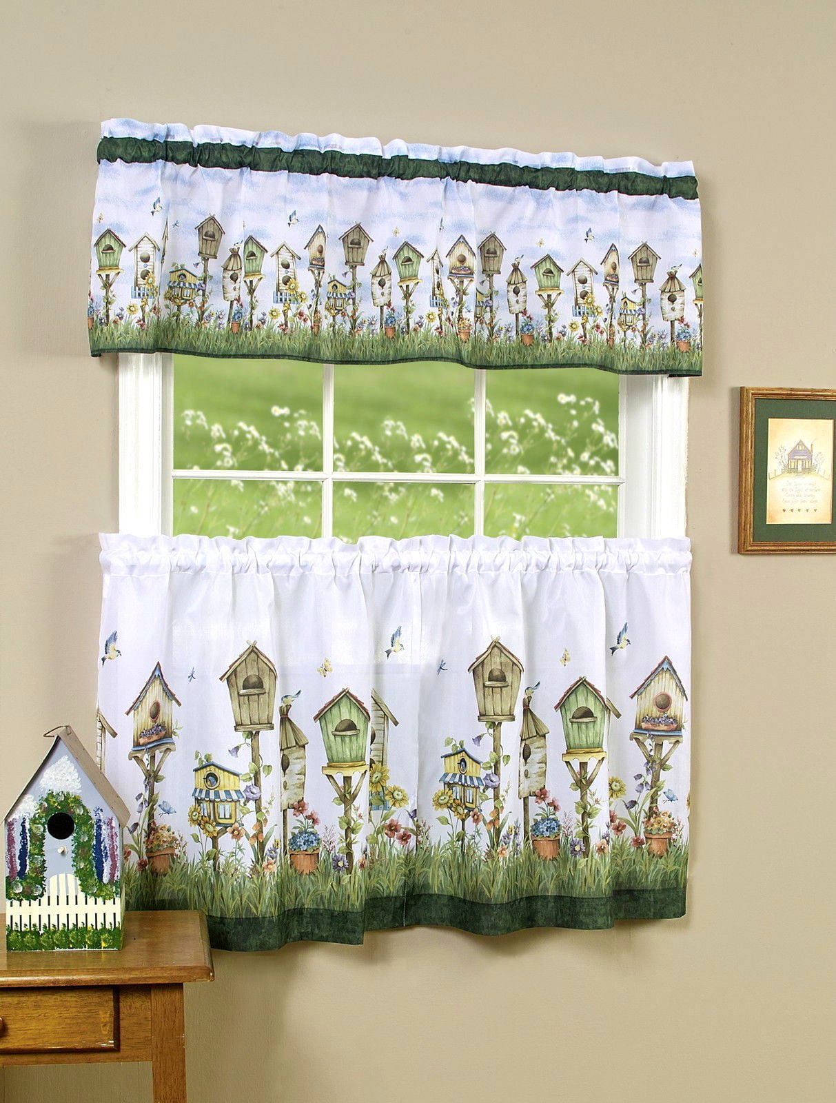 Birdhouse 3 Piece Kitchen Curtain Tier & Valance Set - 36 in. Long