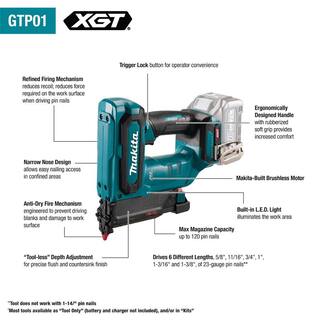 Makita 40V max XGT Brushless Cordless Pin Nailer Kit 23 Ga. 2.5Ah GTP01D1