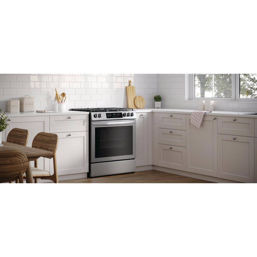 Frigidaire 30 in. 5 Burners Slide-In Front Control Gas Range with Convection in Stainless Steel FCFG3083AS