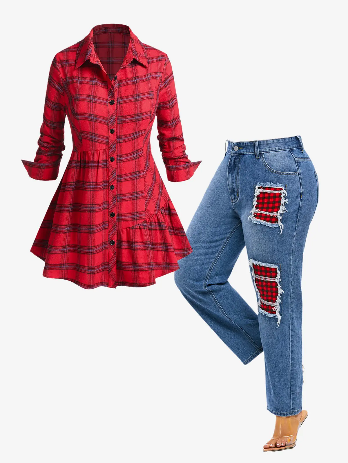 Plaid Button Up Shirt and Distressed Mom Jeans Plus Size Outfit - Red