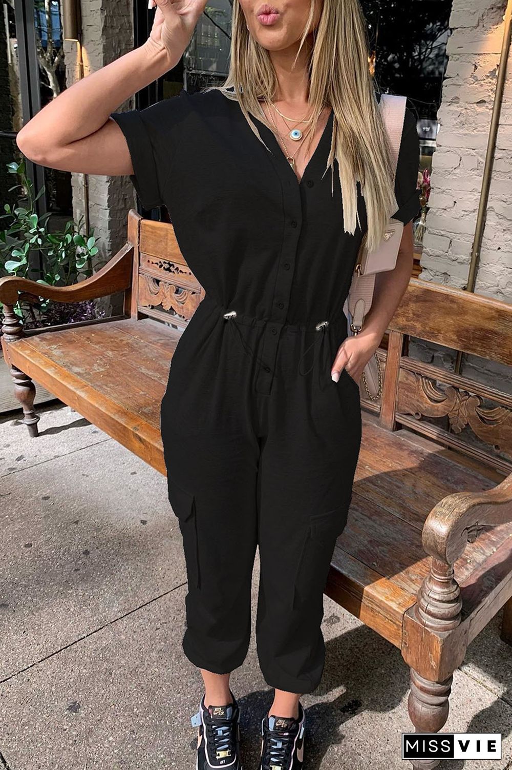 Button Drawstring Pockets Jogger Jumpsuit