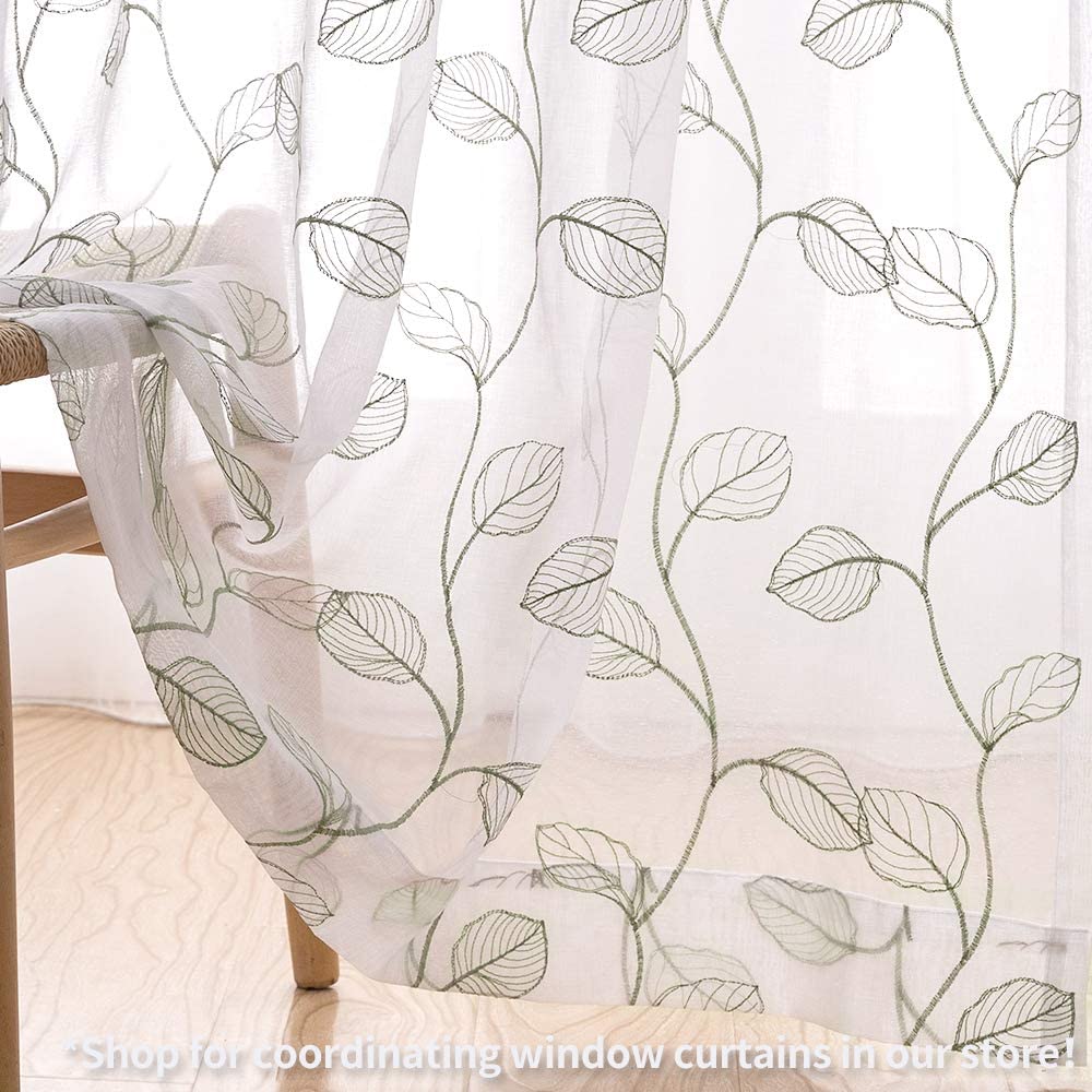 CURTAINKING Kitchen Curtains 36 inch Leaf Embroidered Tiers Kitchen Windows Farmhouse Small Curtains Sheer Tiers Voile Cafe Curtains Rod Pocket 2 Panels Sage on White