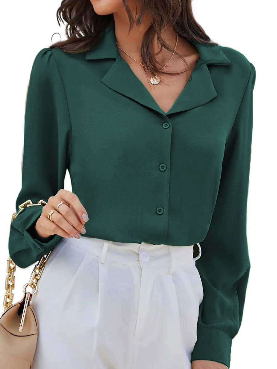 Casual Loose Solid Color Lapel Long Sleeve Blouse