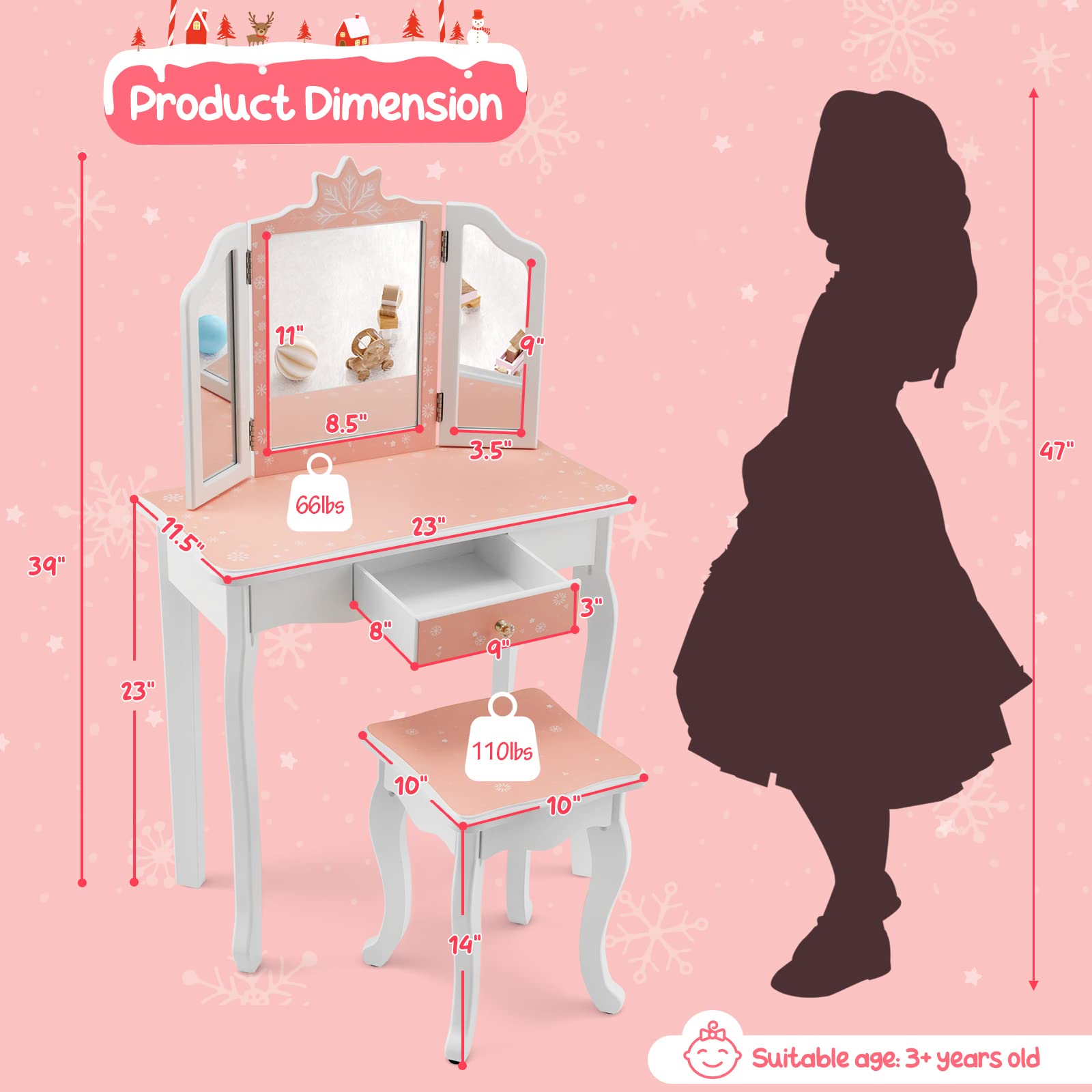 Costzon Kids Vanity Table and Chair Set, Girls Vanity Set with Mirror and Stool, Pretend Play Vanity Set for Little Girls