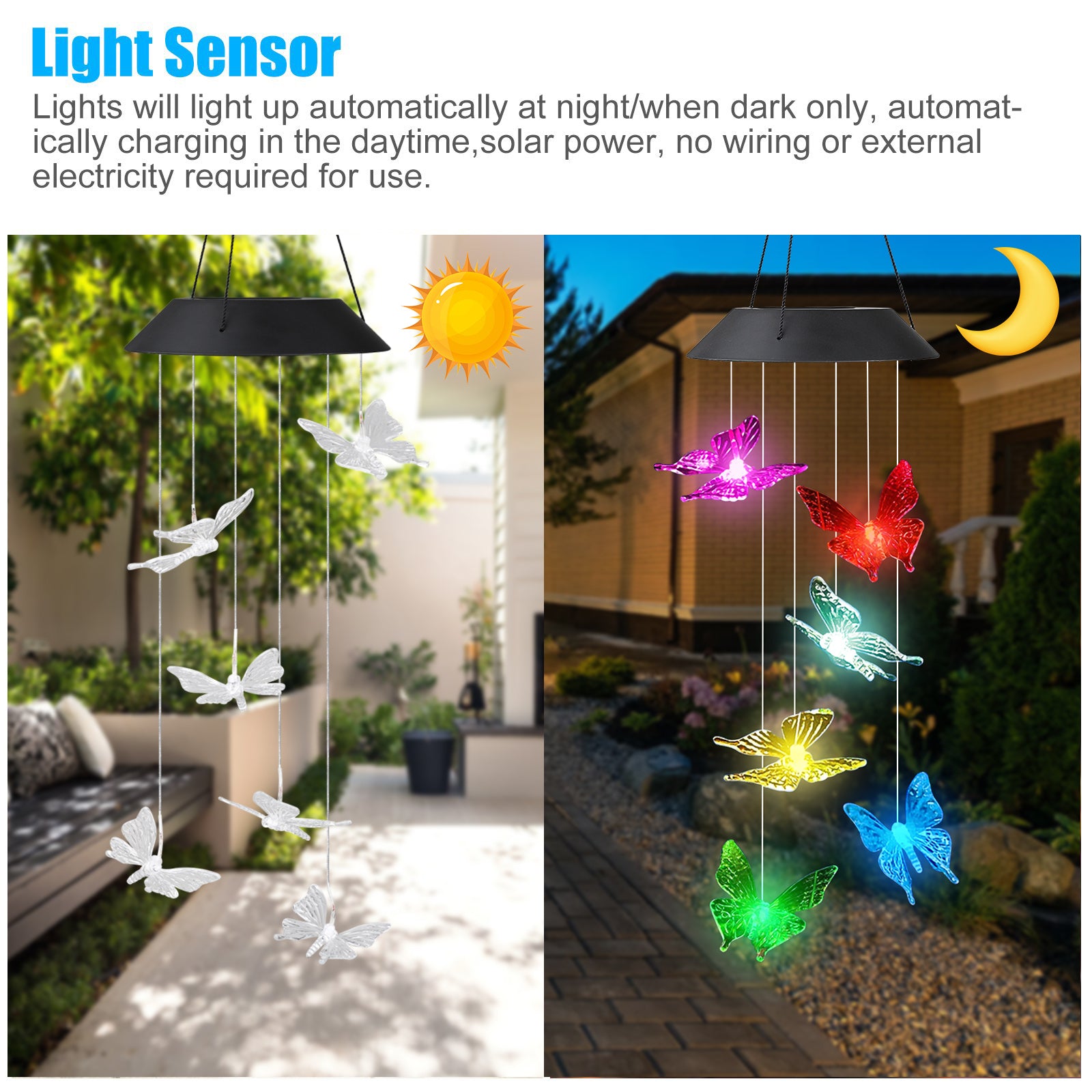 TSV Solar Changing Color Butterfly Wind Chime， Solar Powered LED Hanging Wind Belles Light， Waterproof， for Outdoor Indoor Gardening Yard Pathway