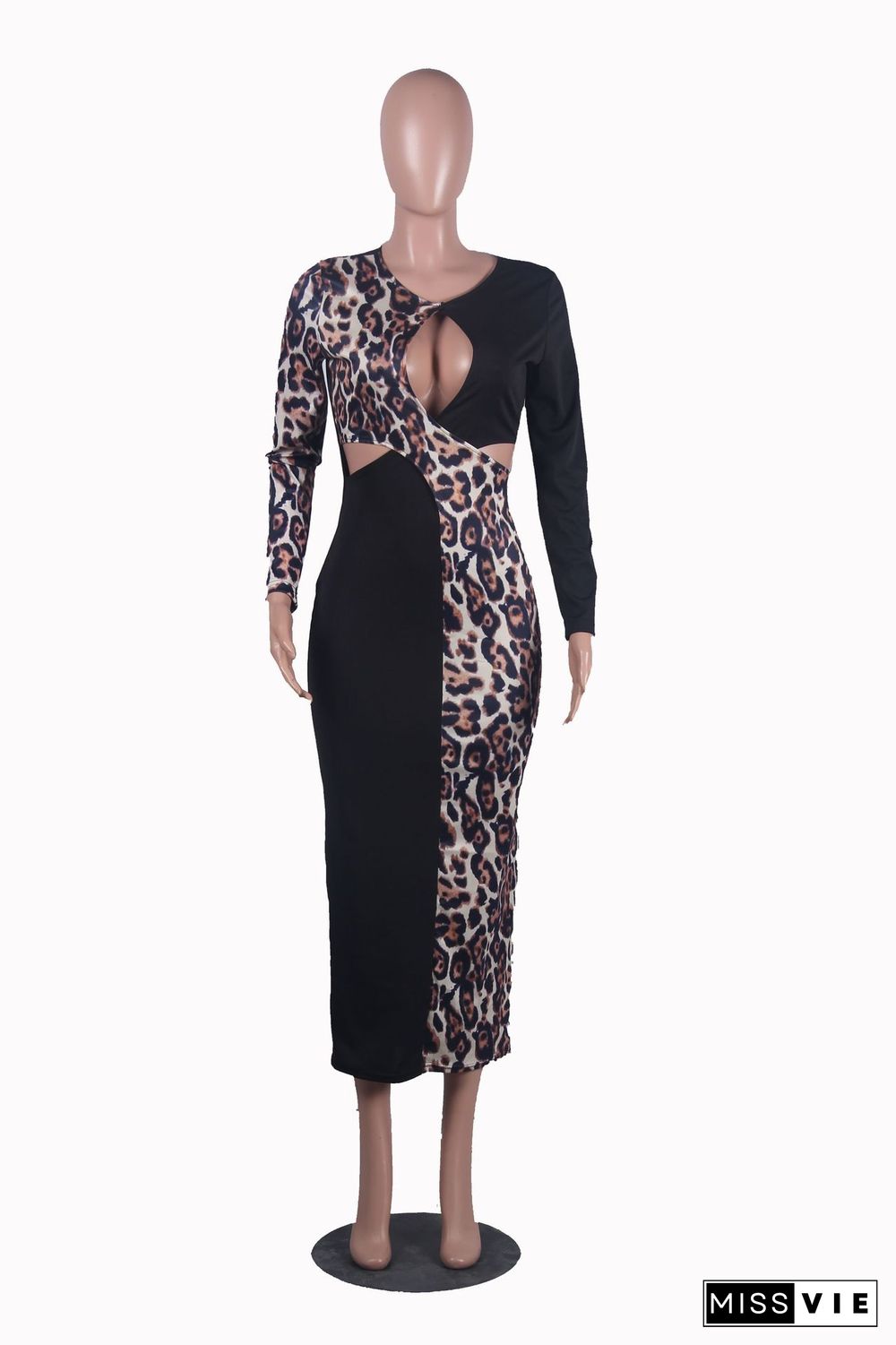 Leopard Patchwork Long Sleeve Cut Out Sexy Dresses