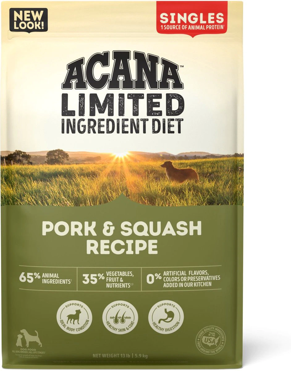 ACANA Singles Limited Ingredient Dry Dog Food， Grain-free， High Protein， Pork and Squash， 13lb