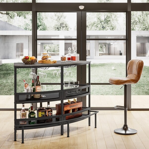 3-Tier Home Bar Unit with Storage Shelf，Wine Liquor Bar Table with Stemware Racks and Footrest for Home Pub