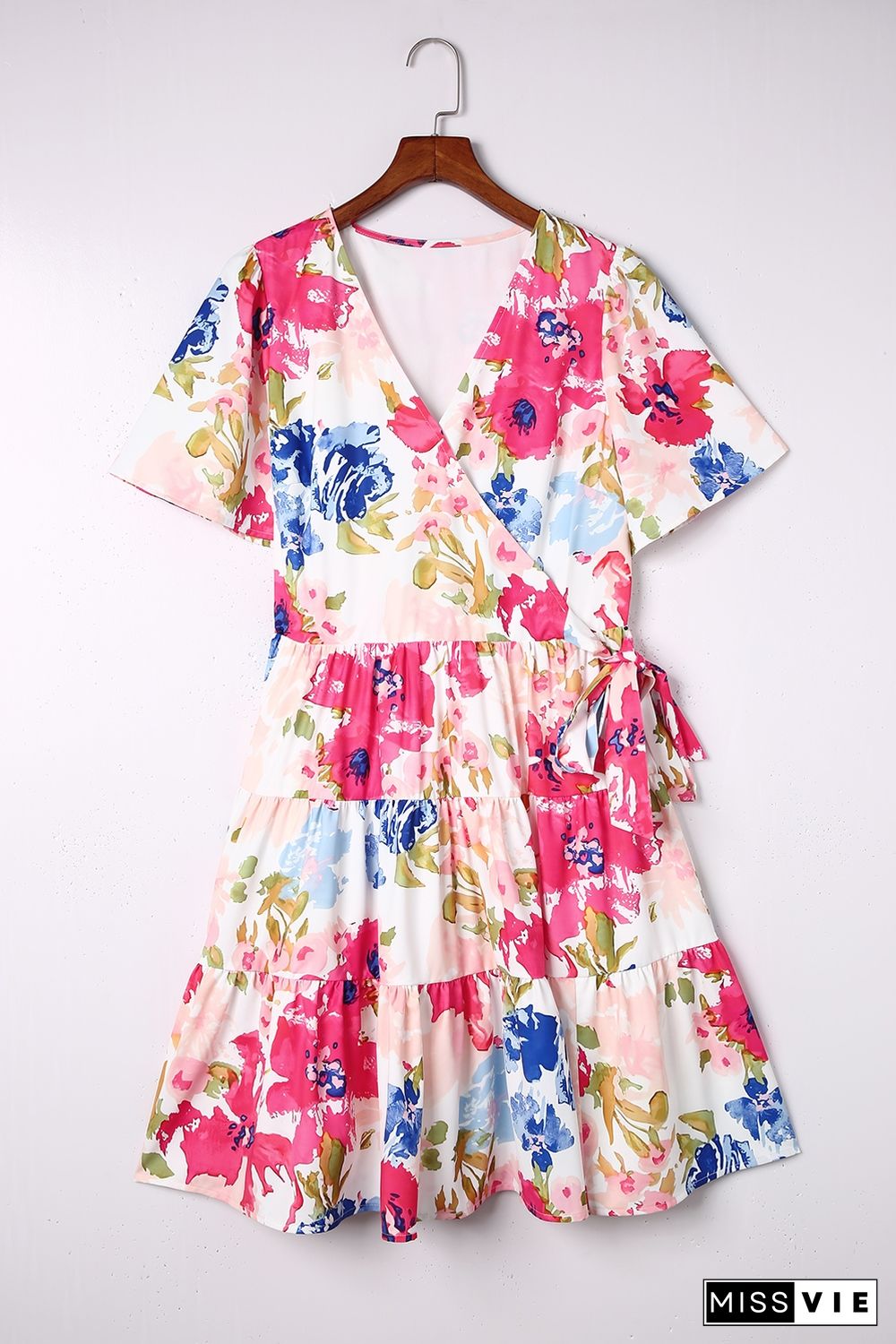 Multicolor Sweet Floral Wrap V Neck Skater Dress