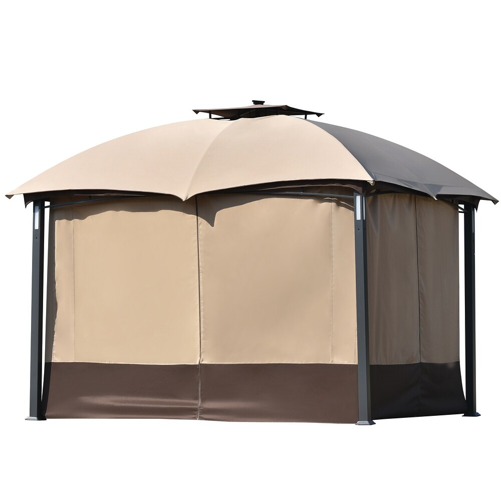 10ft * 12ft Double Vent Gazebo with Metal Frame Rectangular Canopy with Screen and LED Lights for Backyard and Poolside