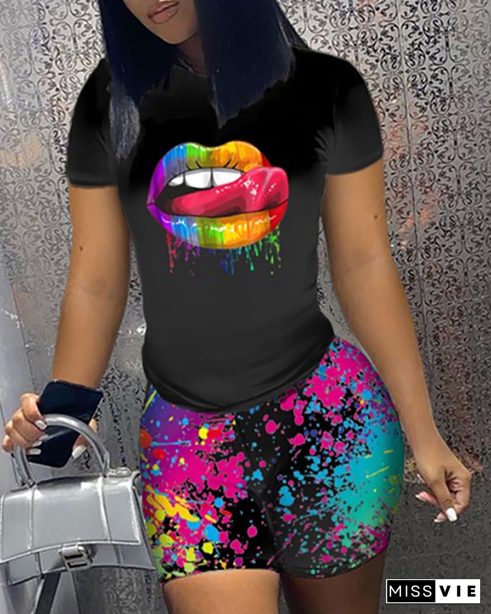 Plus Size Lip Splash Ink Print T-shirt & Shorts Set