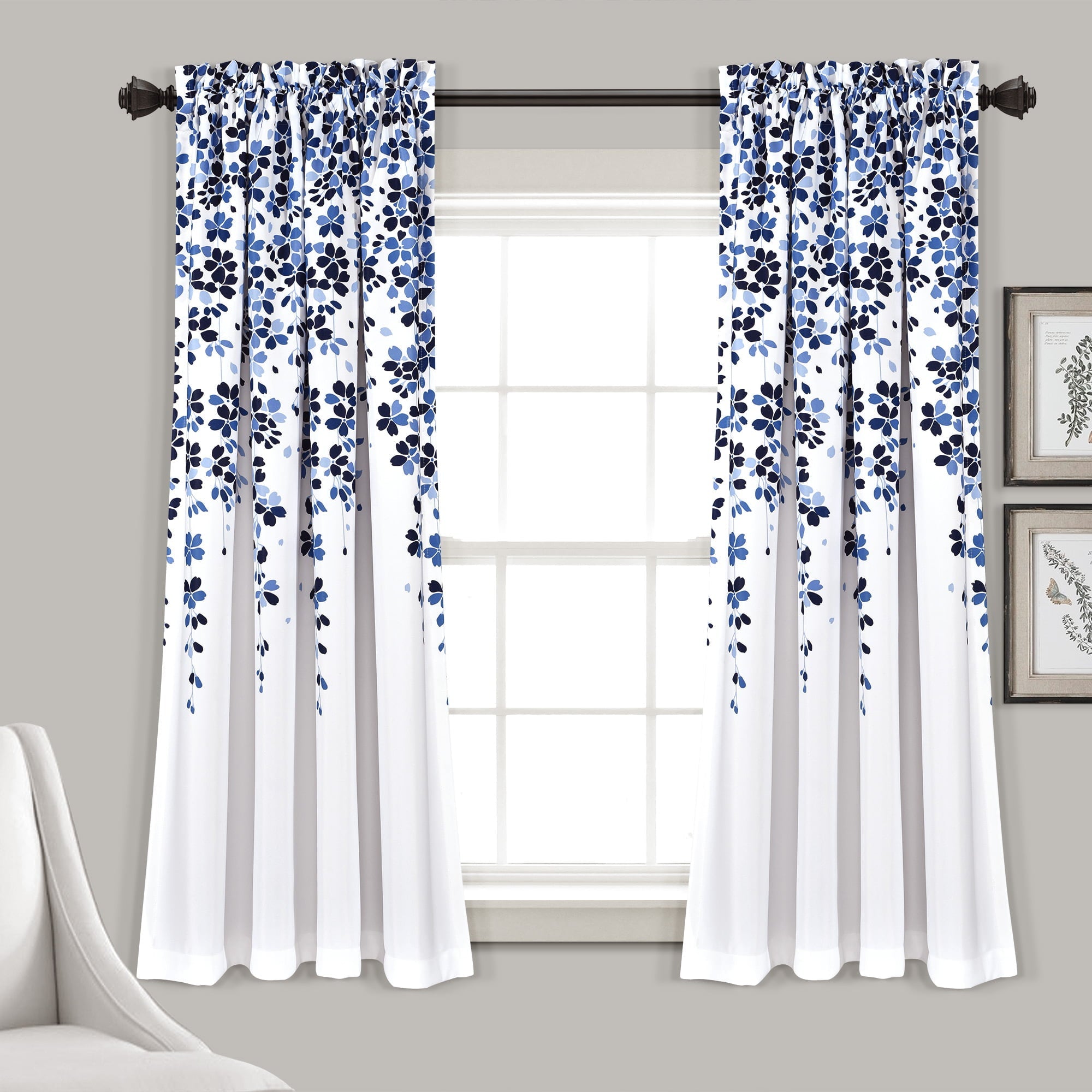 Lush Decor Weeping Flower Bright Colorful Floral Print 3" Rod Pocket Room Darkening Window Curtain Panel, Navy/Blue, 63"L x 52"W + 2" Header, Set of 2