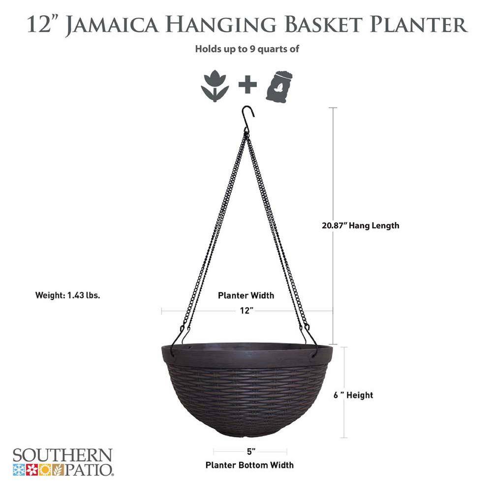 Southern Patio Jamaica Wicker Medium 12.5 in. 9 Qt. Dark Coffee High-Density Resin Hanging Basket Outdoor Planter HDR-054788