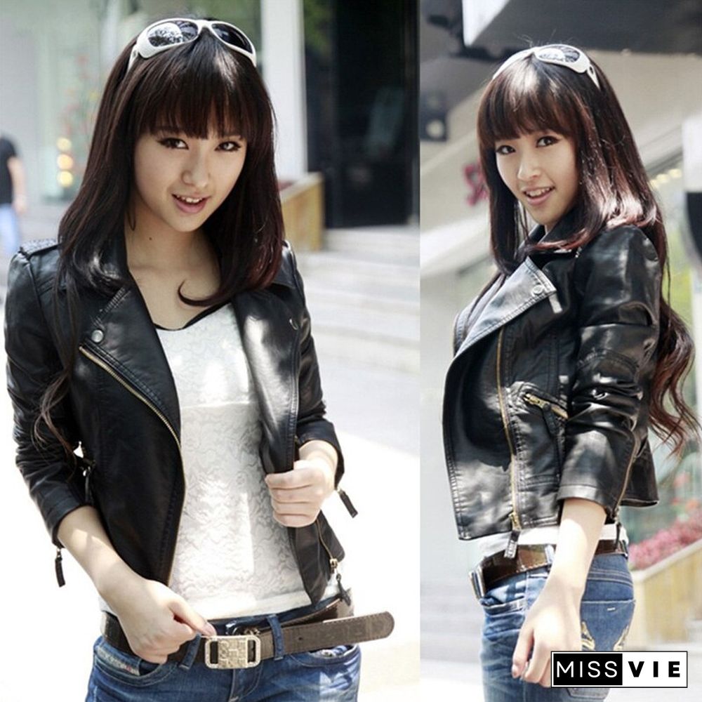 Autumn Women Black Slim Cool Lady PU Leather Jackets Sweet Female Zipper Faux Femme Outwear Coat