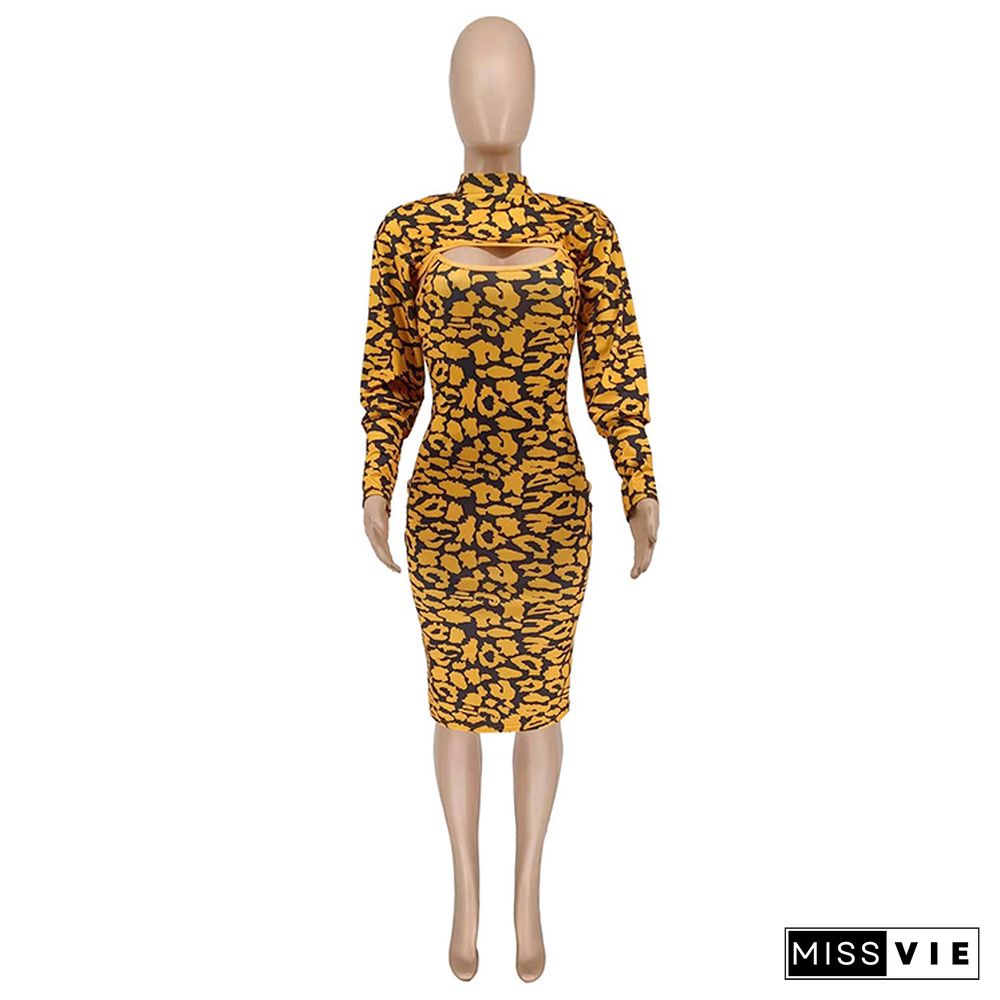 Fashion Leopard Spaghetti Straps Midi Dress+Long Sleeve O Neck Mini Top Women 2 Piece Set