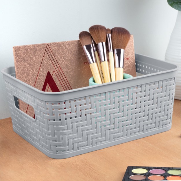 Sterilite 10x8x4 25 Inch Rectangular Weave Pattern Short Basket W Handles For Pantry Bathroom amp Laundry Room Storage Organization Cement 16 Pack