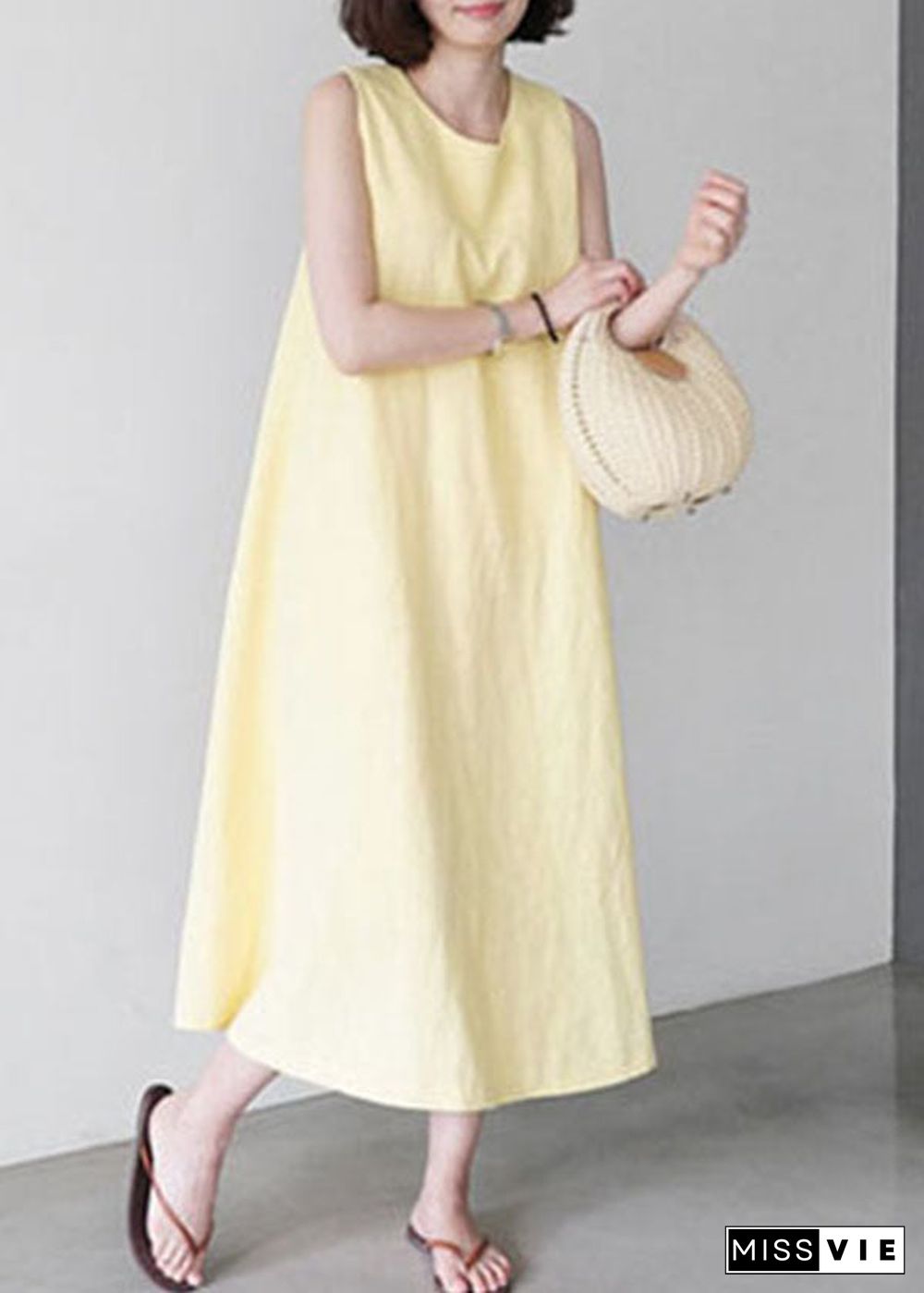 Unique Yellow O-Neck Pockets Party Dress Sleeveless