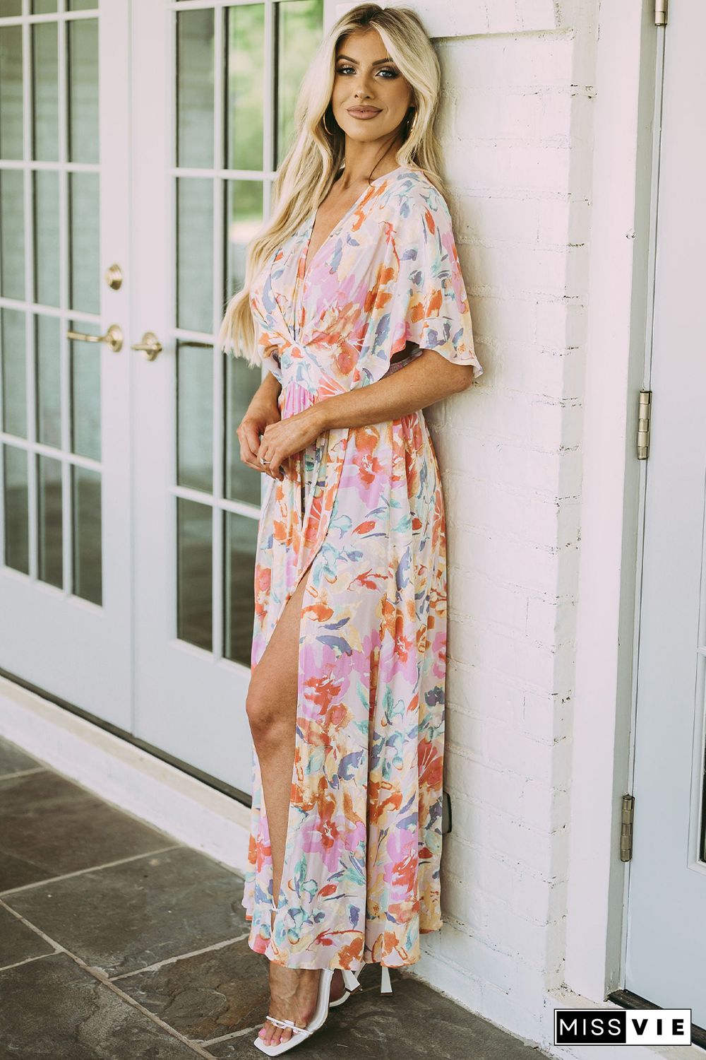 Multicolor Tropical Floral Print Ruched V Neck Maxi Dress