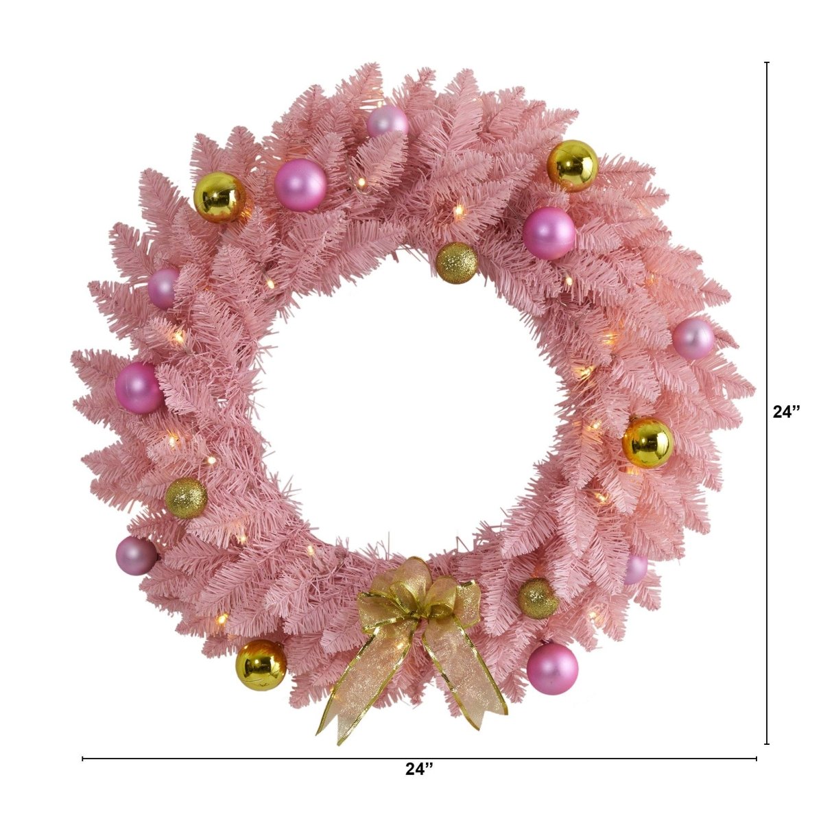 24” Pink Artificial Christmas Wreath with 35 LED Lights and Ornaments