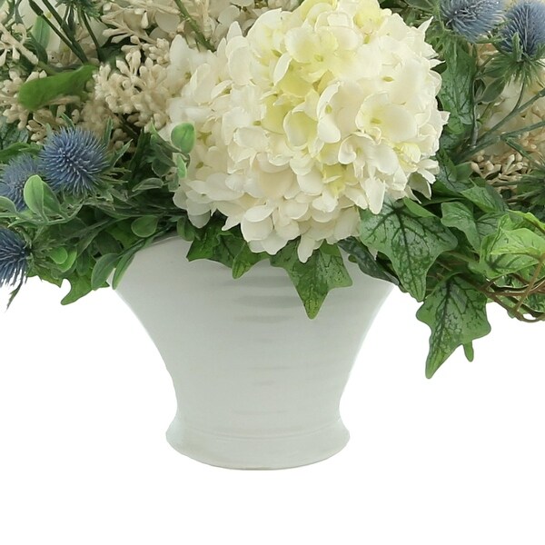 Cone Hydrangea，Thistle and Ivy Floral Arrangement in Ceramic Vase