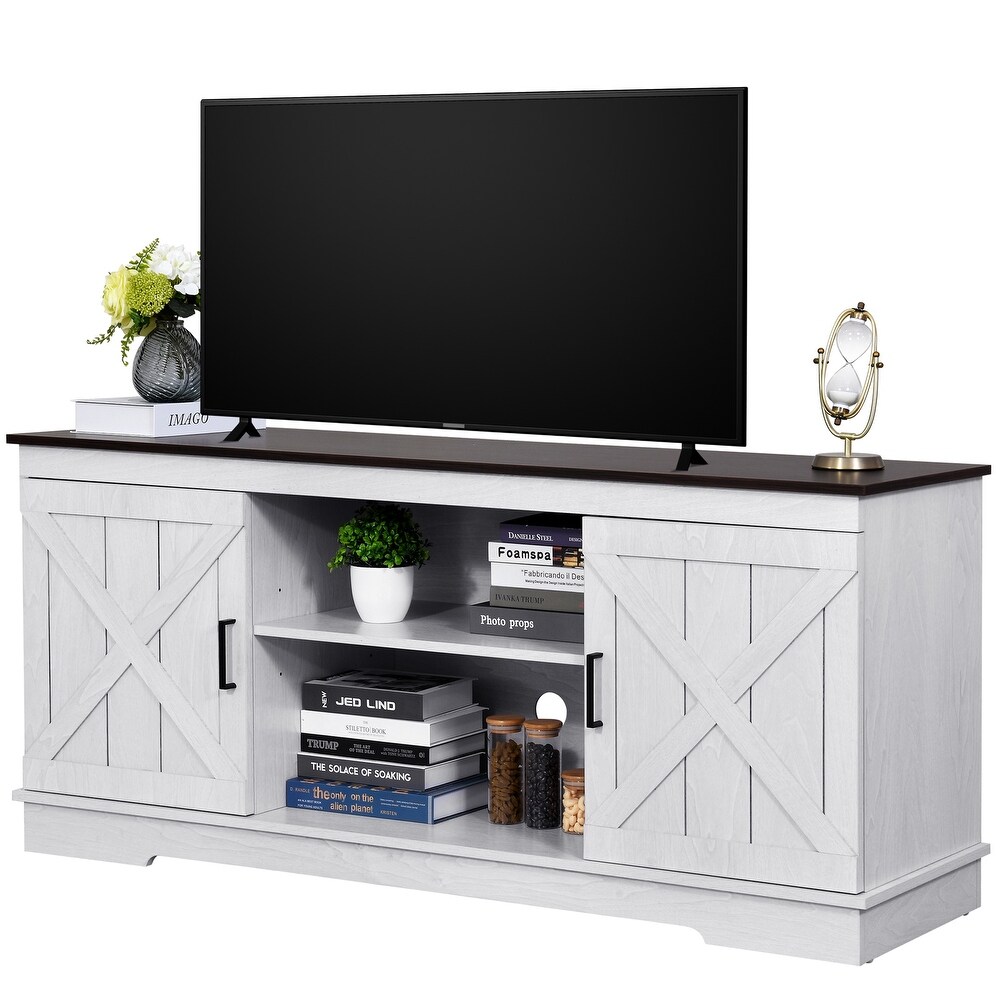 Evelynn Wood Farmhouse TV Stand for 65 Inch TV Sliding Barn Doors Grey White