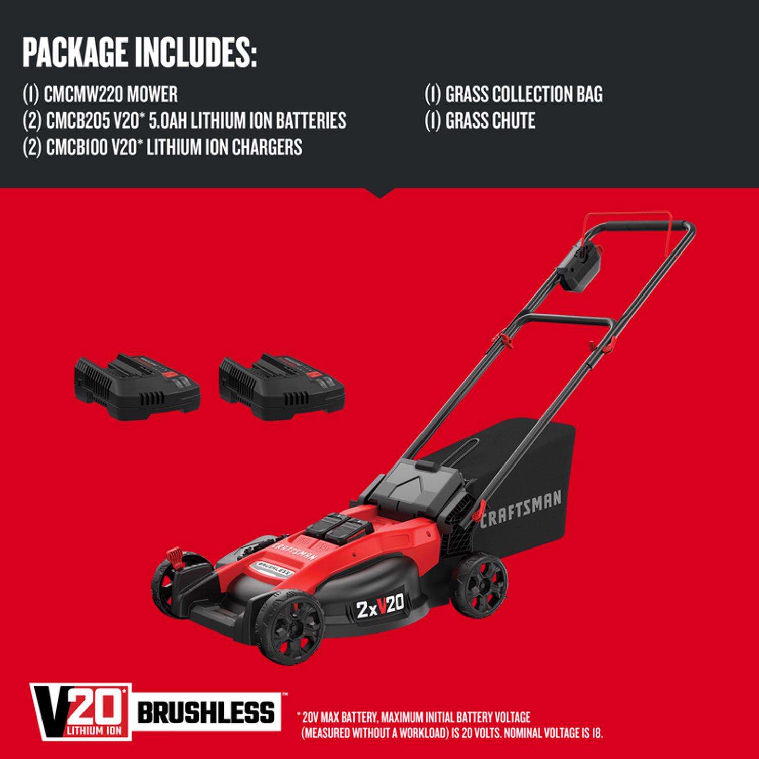 Craftsman V20 CMCMW220P2 20 in. Battery Lawn Mower Kit (Battery and Charger)