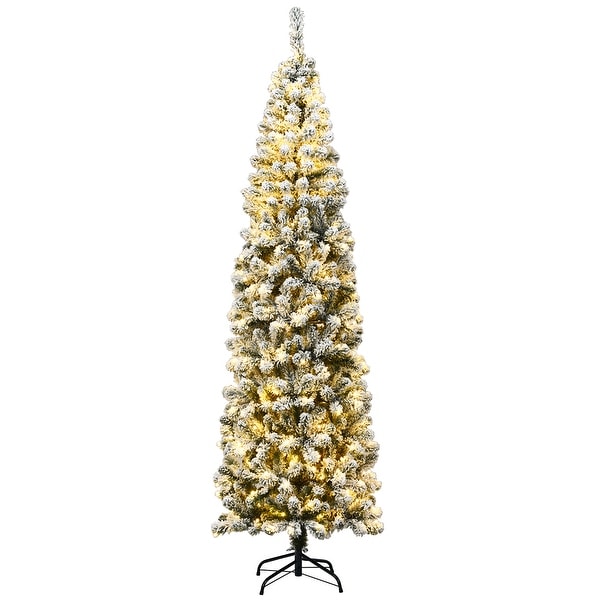 Costway 7.5Ft Prelit Snow Flocked Artificial Pencil Christmas Tree