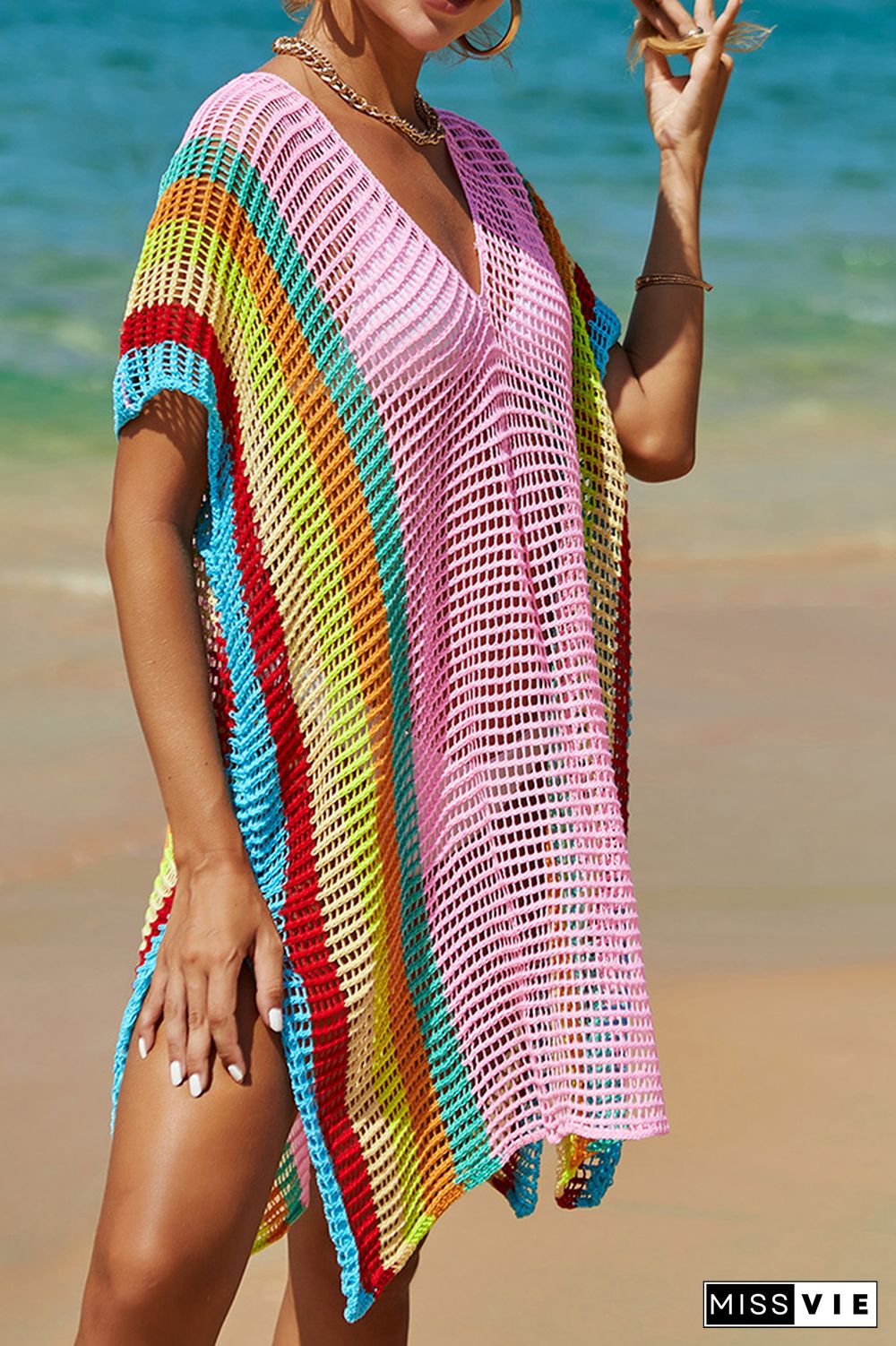 Rainbow Colorblock Splicing Beach Cover Up