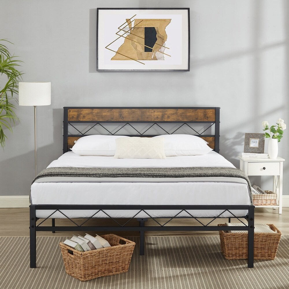 Metal Bed Frame with Brown Wooden Headboard  No Box Spring Needed