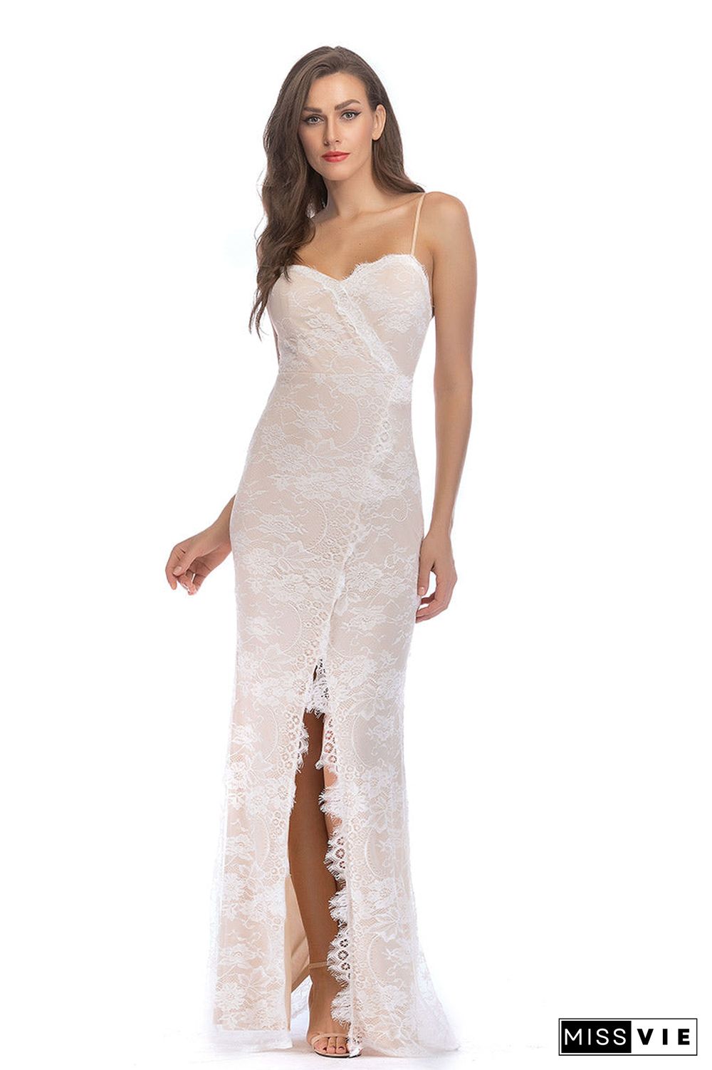 Ivory Lace Spaghetti Straps Backless Slit Bodycon Prom Dress