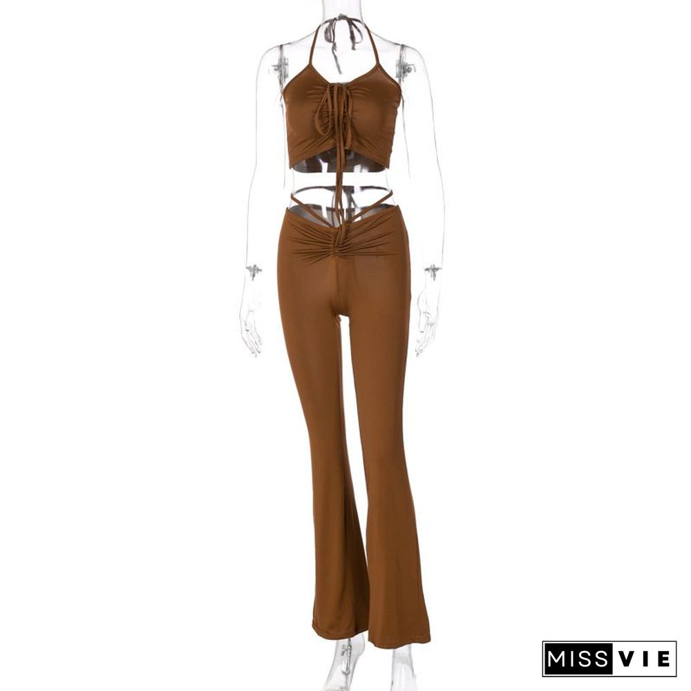 Strappy Cutout Knotted Shirring Halter Crop Top And Flare Pants set