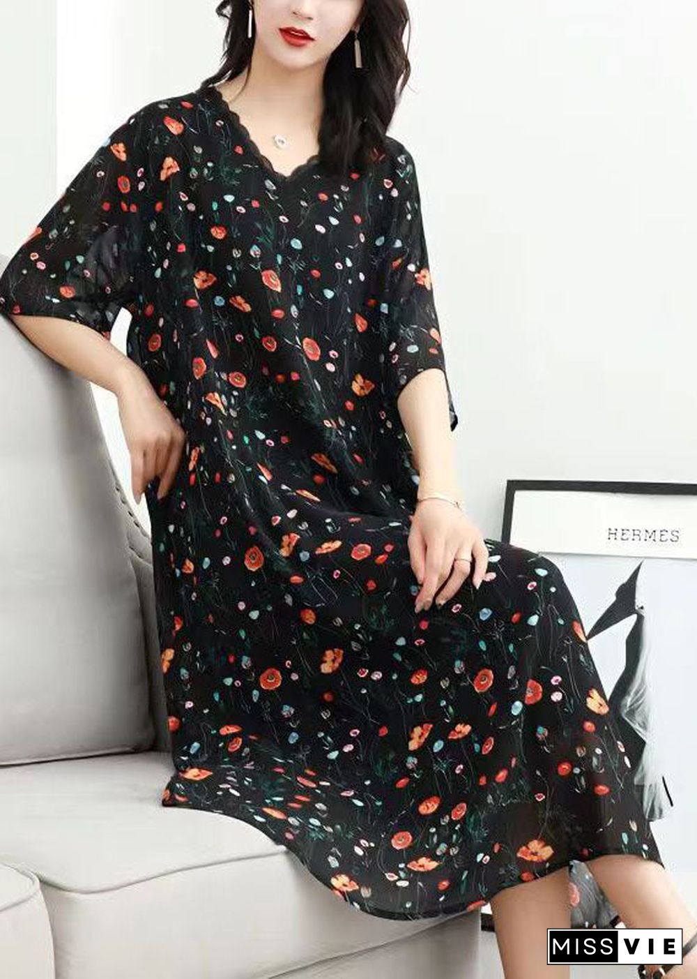 Classy Black V Neck Print Lace Patchwork Chiffon Dresses Summer