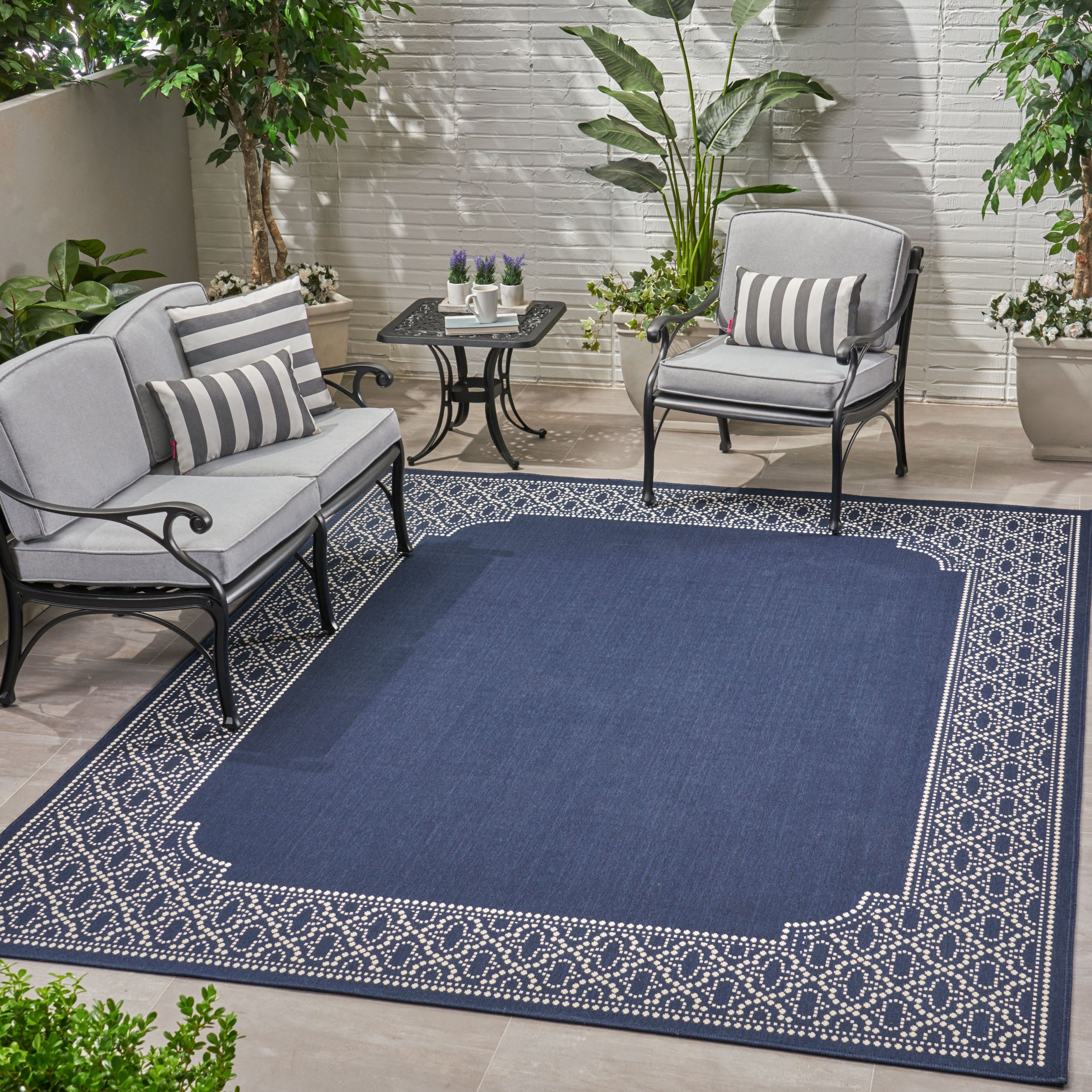 Madeline Outdoor Border Area Rug, Navy and Ivory