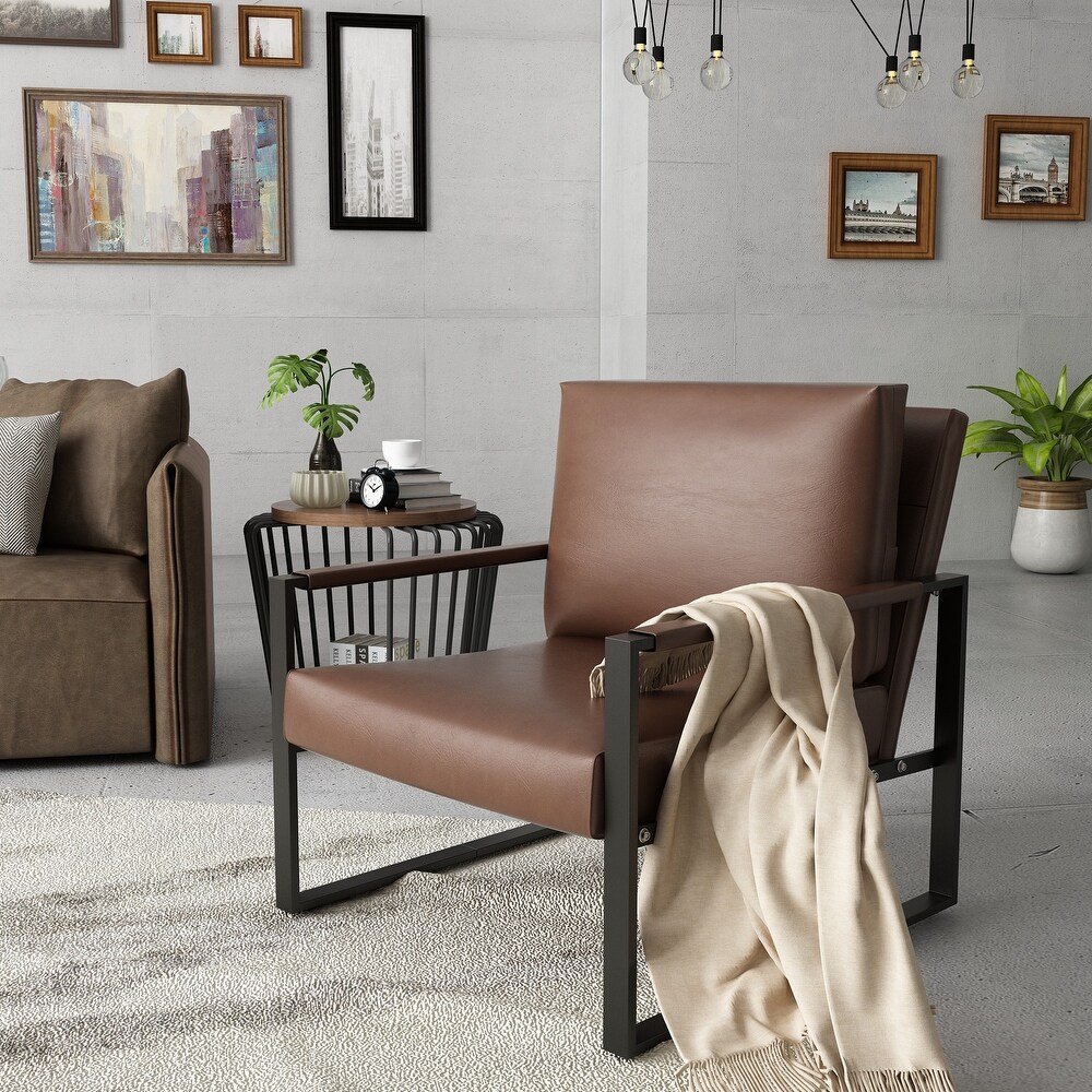 Mieres Mid Century Style Faux Leather PU Accent Chair  Armchair with Steel Frame