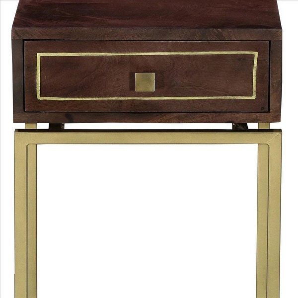 Bedside Table with 1 Drawer and Tubular Metal Legs， Brown and Brass - Brown and Brass - 22 H x 16 W x 15 L Inches