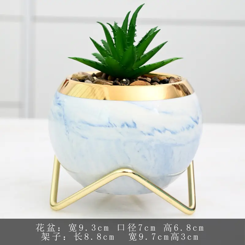 Cheap fashion nordic round ceramic succulent pot with golden edges iron rack  water transfer printing flowerpot