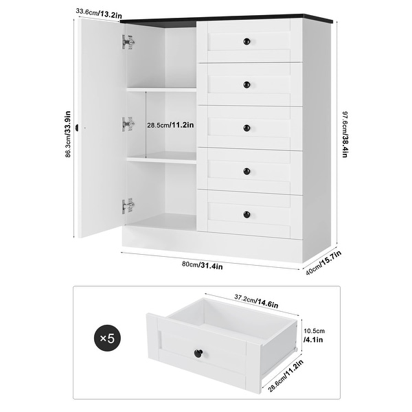 5 Drawer Dresser with Door， White Storage Cabinet with Drawers and Shelves， Modern Chest of Drawers Closet Organizers - - 37668247