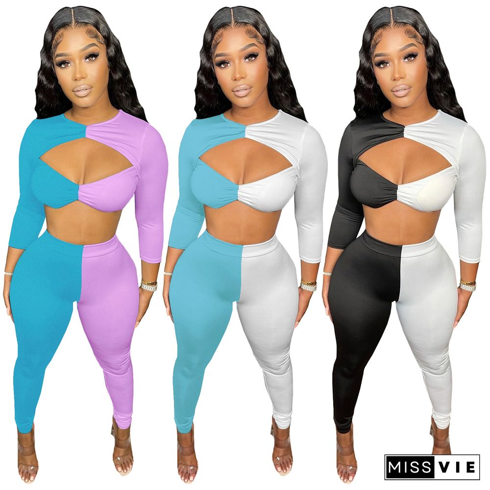 Color Patchwork Hollow Out Crop Tops+Joggers Pants Set