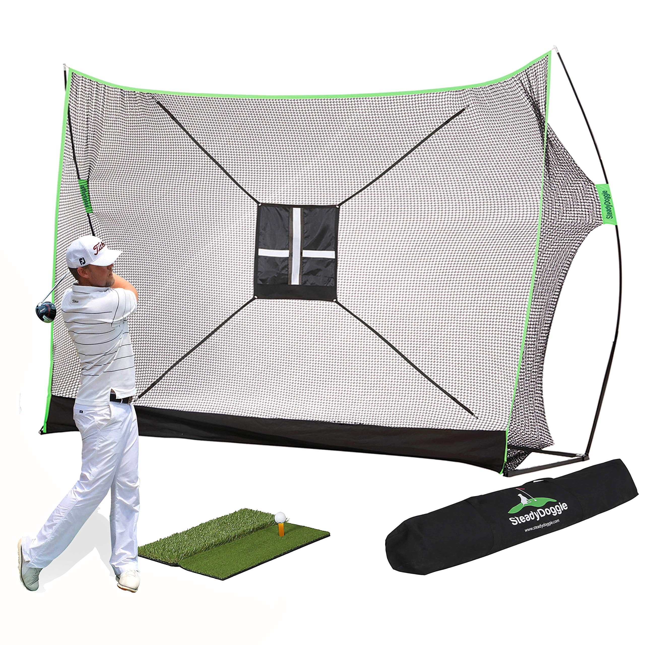 10 x 7ft Golf Net Bundle - Professional Patent Pending Design - Dual-Turf Golf Mat (select 4pc)， Chipping Target and Carry Bag－The Right Choice of Golf Nets for Backyard Driving and Golf Hitting Nets